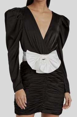 Ronny Kobo Bow Accent Margo Mini Dress Black White Ruched XS Coquette Romantic